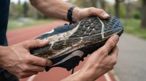 Detailed look at the outer sole wear pattern on running shoes for supination after a long run.