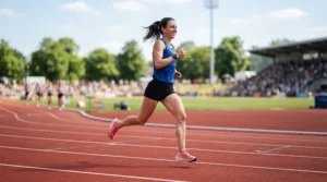 Sprinter wearing high-cushion running shoes for supination while sprinting around a red running track.