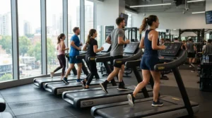 Athletes in running shoes for supination working out on treadmills inside a modern fitness center.