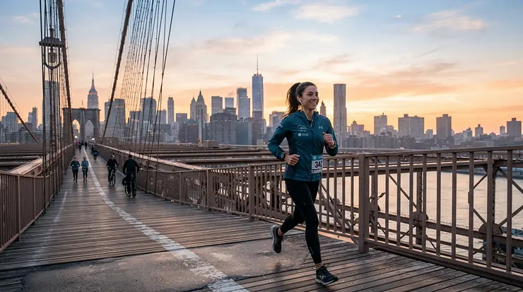 Jogger crossing a city bridge at sunrise wearing comfortable running shoes for supination.