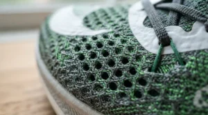 Close-up of breathable mesh upper on running shoes for wide feet men