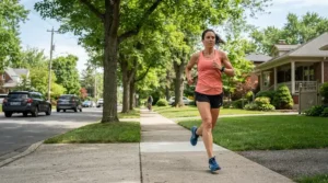 Man jogging through a suburban neighborhood in running shoes for wide feet men