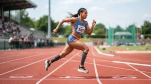 Athlete sprinting on a red rubber track wearing running shoes for wide feet men