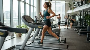 Man running indoors at the gym in running shoes for wide feet men