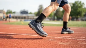 Illustration showing running shoes for wide feet women with extra forefoot splay room during a morning sprint.
