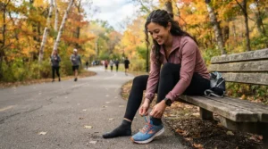 A smiling runner trying out comfortable running shoes for wide feet women on a paved park trail during autumn.
