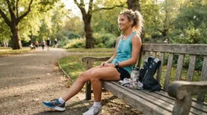 A runner relaxing on a park bench after testing out comfortable running shoes for wide feet women.