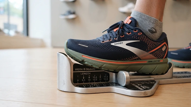 Close-up of running shoes for wide feet women demonstrating proper women's wide fit sizing on a measuring mat.