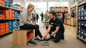 A retail associate helping a customer try on running shoes for wide feet women for proper sizing.