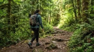 An outdoor enthusiast hiking in dirt trails wearing durable running shoes for wide feet women.