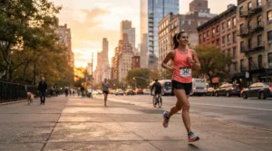Jogger navigating city sidewalks while wearing breathable running shoes for wide feet women at sunrise.