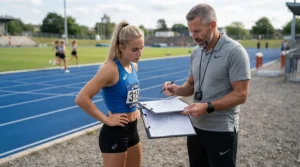 A track coach discussing explosive start technique with athletes wearing sprint spikes for 100m.