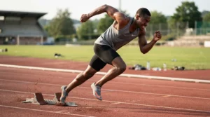 A sprinter driving out of the blocks in sprint spikes for 100m during a maximum velocity workout.