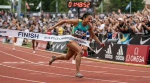 A runner crossing the finish line in sprint spikes for 100m during a short sprint race.
