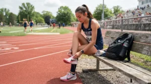 A high school athlete tying sprint spikes for 100m near the infield before a regional track meet.