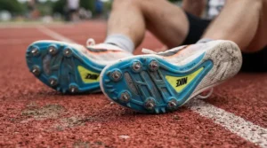 Detailed view of the metal needle spike pins on the outsole of lightweight sprint spikes for 100m.