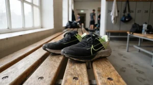 A pair of bright sprint spikes for 100m resting on a bench inside a stadium locker room.