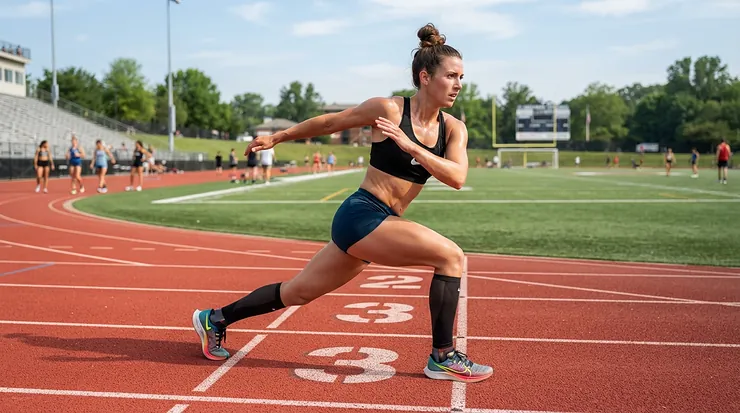 An athlete performing dynamic warm-up high knees while wearing sprint spikes for 100m.