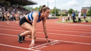 Sprinter practicing starting blocks wearing track spikes for beginners