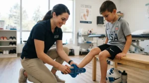Coach helping a teen measure feet for track spikes for beginners