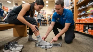 High school athlete measuring foot size on a Brannock device to find the right fit for track spikes for beginners
