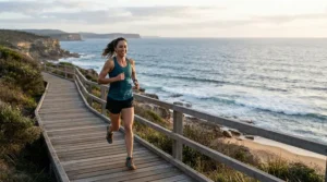 Jogger running by the ocean wearing flexible 2-in-1 running shorts for men with phone pocket.