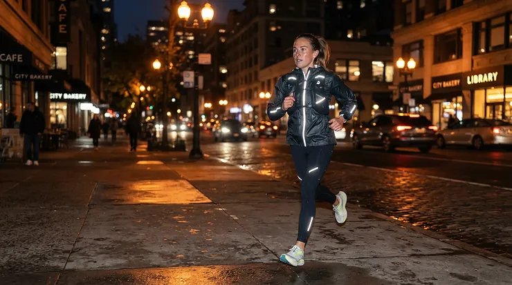 Runner with reflective gear and 2-in-1 running shorts for men with phone pocket during an evening jog.