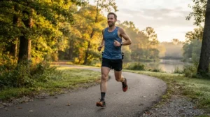 Man wearing 2-in-1 running shorts for men with phone pocket while jogging on a sunny morning in a city park.