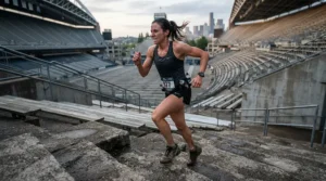 Man doing stair climbs wearing durable 2-in-1 running shorts for men with phone pocket.
