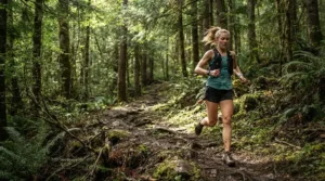 Trail runner navigating a dirt path wearing 2-in-1 running shorts for men with phone pocket for stable carry.