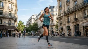 An athlete jogging through a city street in 9 inch long running shorts for men who are tall.