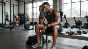 A tall athlete cooling down after a workout in his 9 inch long running shorts for men who are tall.