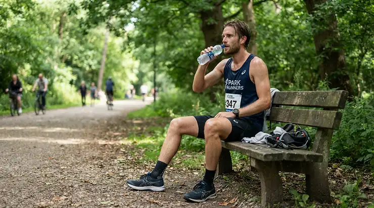 A tall runner taking a water break on a bench while wearing 9 inch long running shorts for men who are tall.