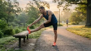 A tall runner stretching outdoors wearing 9 inch long running shorts for men who are tall during a morning workout.