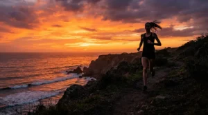 A silhouette of a tall runner at sunset wearing 9 inch long running shorts for men who are tall.
