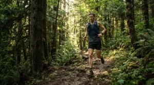 A tall trail runner navigating a dirt path in 9 inch long running shorts for men who are tall.
