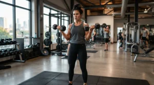 An athlete wearing affordable men's running shorts while lifting weights inside a fitness center.