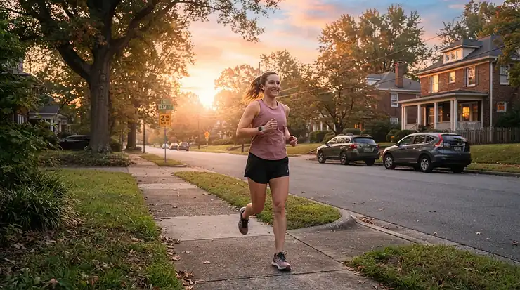 A runner wearing comfortable men's running shorts during an early morning neighborhood jog.