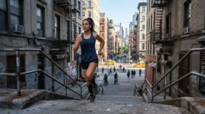 An active runner training on urban steps in men's running shorts for muscular thighs and big legs that prevent chafing.