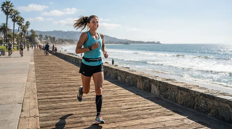 A runner enjoying an ocean breeze in breathable men's running shorts for muscular thighs and big legs along the waterfront.