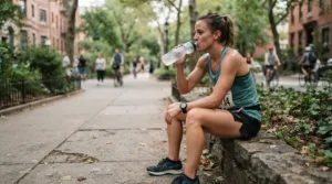 A fitness enthusiast taking a quick water break wearing comfortable men's running shorts for muscular thighs and big legs.