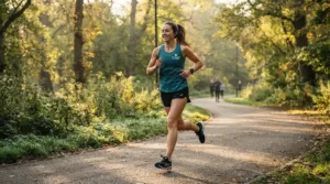 An athletic athlete wearing men's running shorts for muscular thighs and big legs while jogging through a sunny city park.
