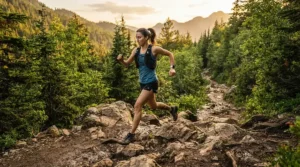 A trail runner navigating uneven terrain while wearing durable men's running shorts for muscular thighs and big legs.