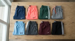 A colorful multipack layout of men's running shorts neatly folded for easy wardrobe organization.