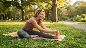 A runner in breathable men's running shorts doing pre-workout stretches in a sunny city park.