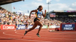 A sprinter wearing lightweight men's running shorts racing down a red rubber running track.