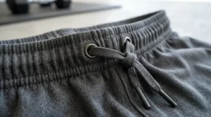 Close-up of the secure waistband on a pair of men's running shorts designed for repeated washing.