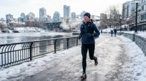 A runner wearing thermal men's running tights facing brisk temperatures during a winter morning run.