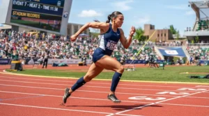 An athlete wearing affordable men's running tights with compression fit doing speed drills on a running track.