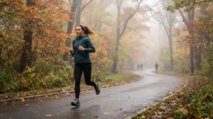 A runner wearing durable men's running tights during an autumn morning jog through a city park.